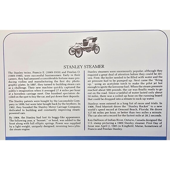 USA 1985 FDC TRANSPORTATION Series COIL STAMP 12 CENT STANLEY STEAMER CAR - Picture 3 of 3